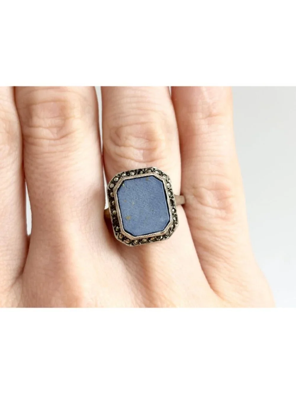Lapis Lazuli Blue Octagon Marcasite Sterling Silver 925 Vintage Ring - sz 6.5